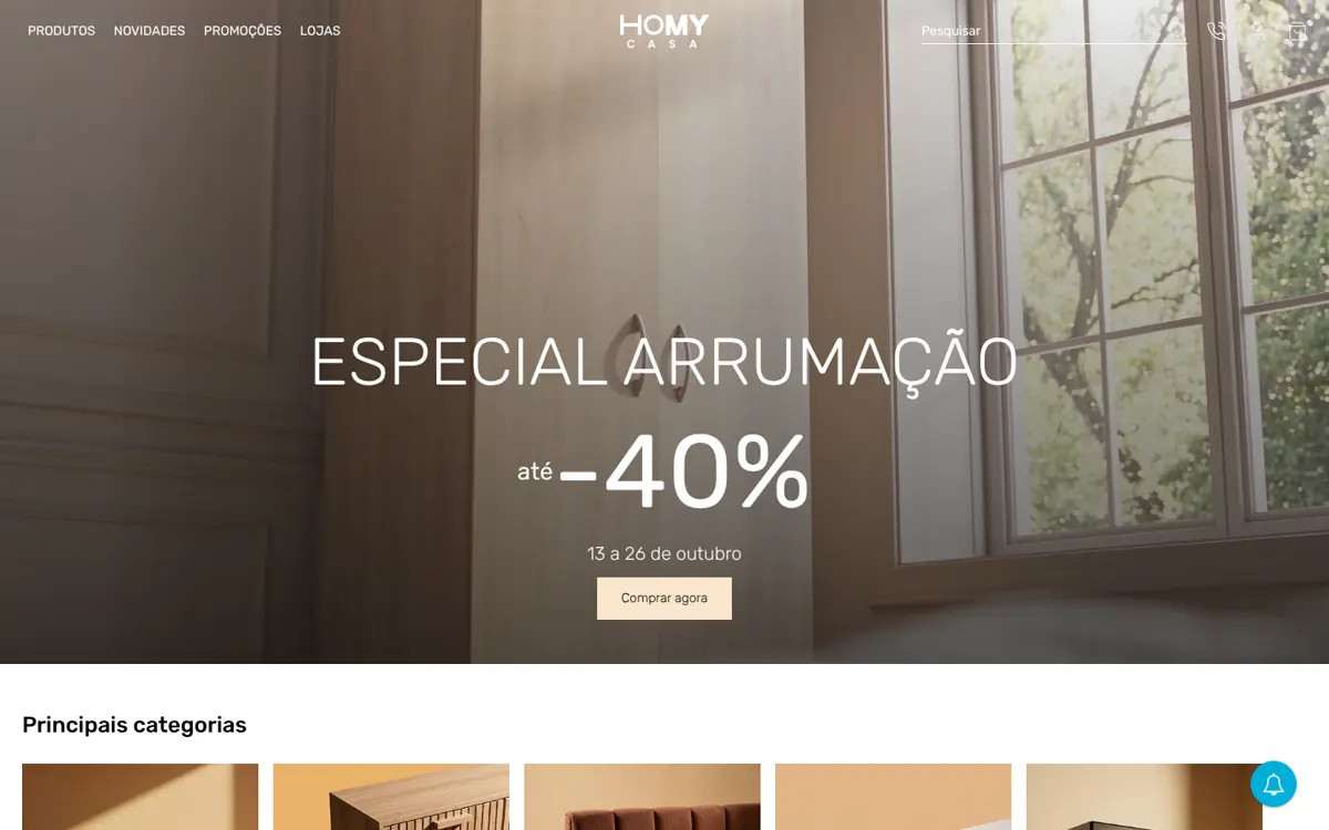 The Homycasa homepage hero and categories.