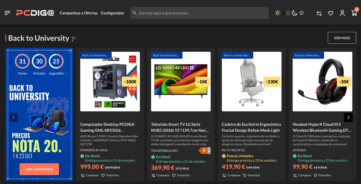 PCDiga's product carousel in dark mode.